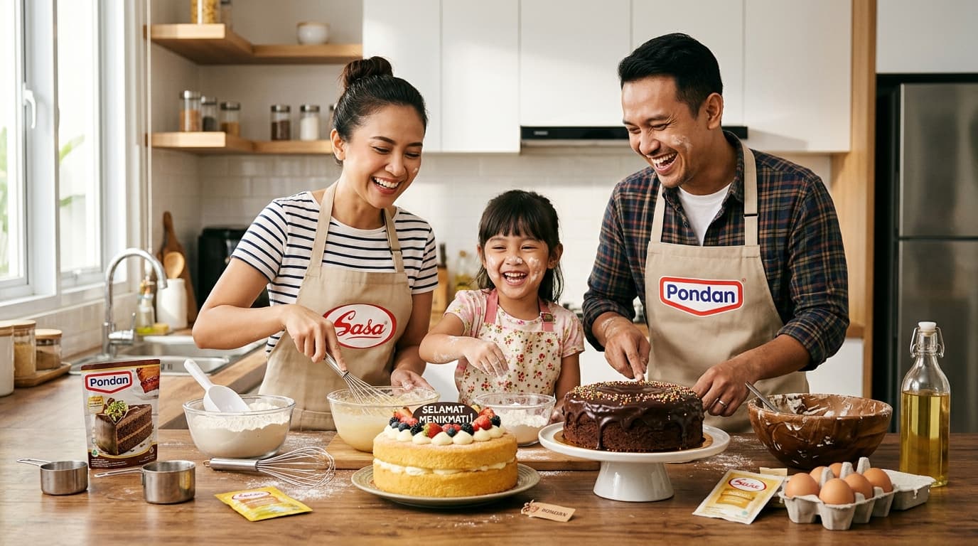 Keluarga bahagia membuat kue bersama Pondan di dapur